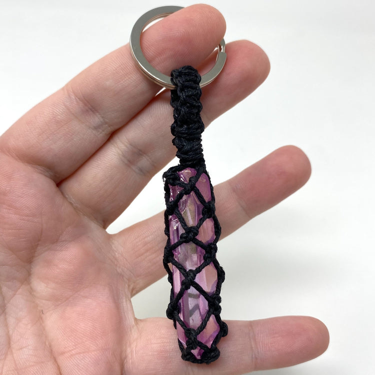 Light Purple Mauve Aura Quartz Point Hand-Wrapped Hemp Crystal Keychain