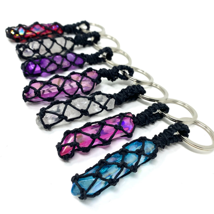 Light Purple Mauve Aura Quartz Point Hand-Wrapped Hemp Crystal Keychain