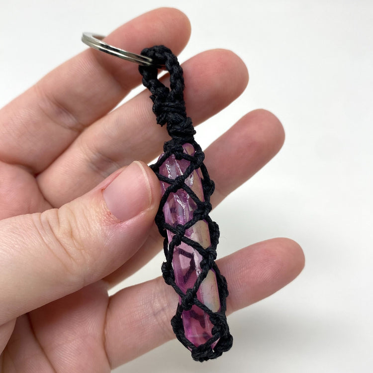 Light Purple Mauve Aura Quartz Point Hand-Wrapped Hemp Crystal Keychain