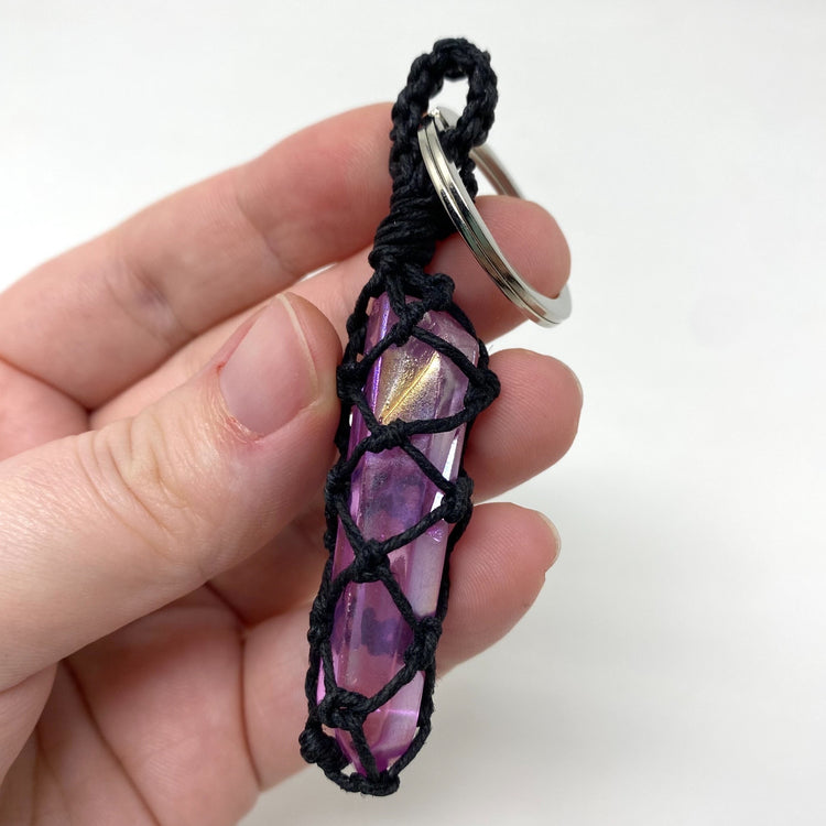 Light Purple Mauve Aura Quartz Point Hand-Wrapped Hemp Crystal Keychain
