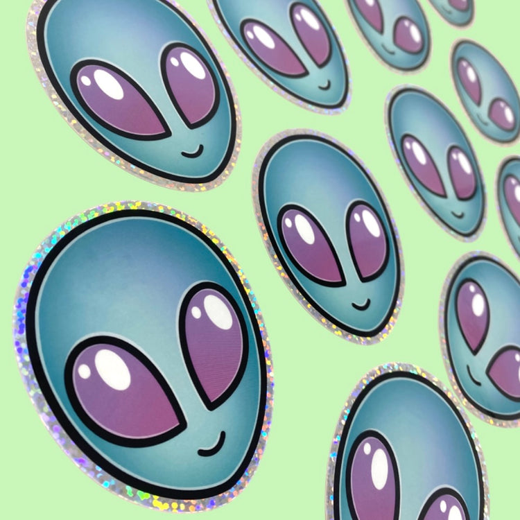 Blue Alien Holographic Glitter Vinyl Sticker