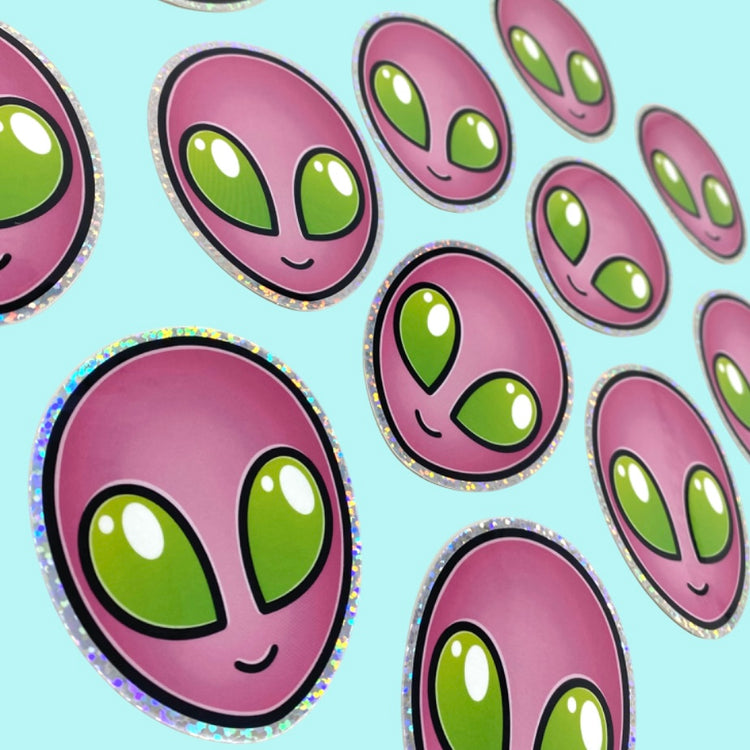 Pink Alien Holographic Glitter Vinyl Sticker