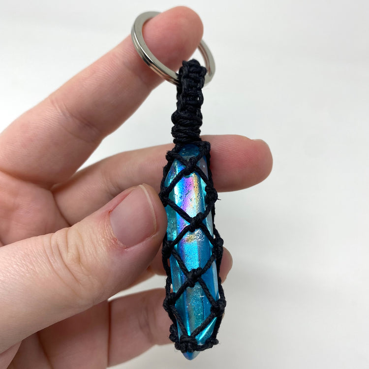 Aqua Blue Aura Quartz Point Hand-Wrapped Hemp Crystal Keychain