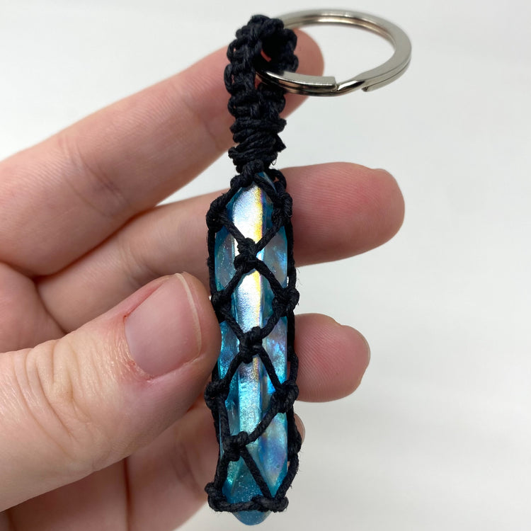 Aqua Blue Aura Quartz Point Hand-Wrapped Hemp Crystal Keychain