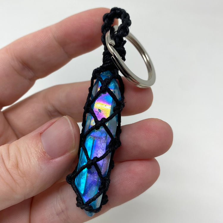 Aqua Blue Aura Quartz Point Hand-Wrapped Hemp Crystal Keychain