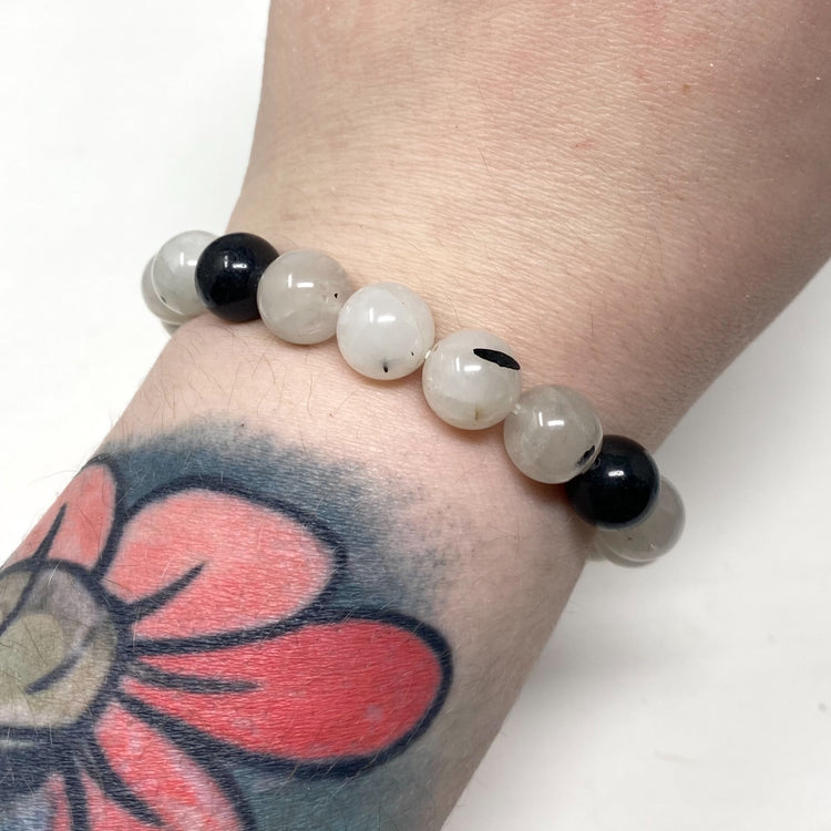 Quartz with Black Tourmaline Crystal Gemstone Bracelet 10mm Beads