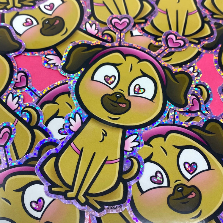 Puggy Valentine Dog Holographic Glitter Vinyl Sticker