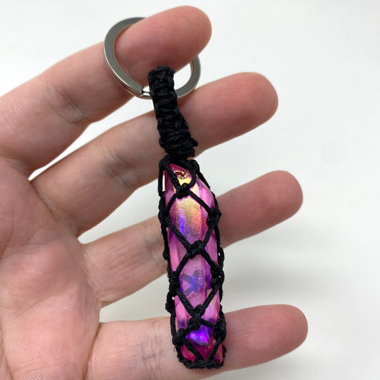 Fuschia Pink Aura Quartz Point Hand-Wrapped Hemp Crystal Keychain