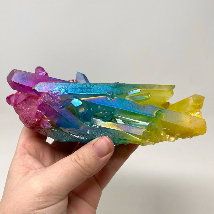 Rainbow Pink Blue Yellow Aura Quartz Crystal Cluster