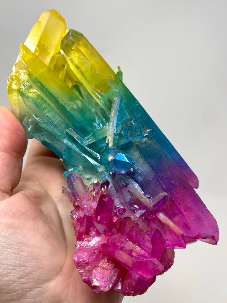 Rainbow Pink Blue Yellow Aura Quartz Crystal Cluster