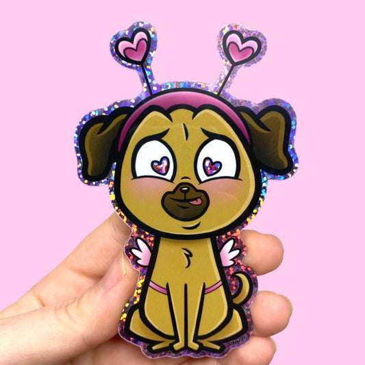 Puggy Valentine Dog Holographic Glitter Vinyl Sticker