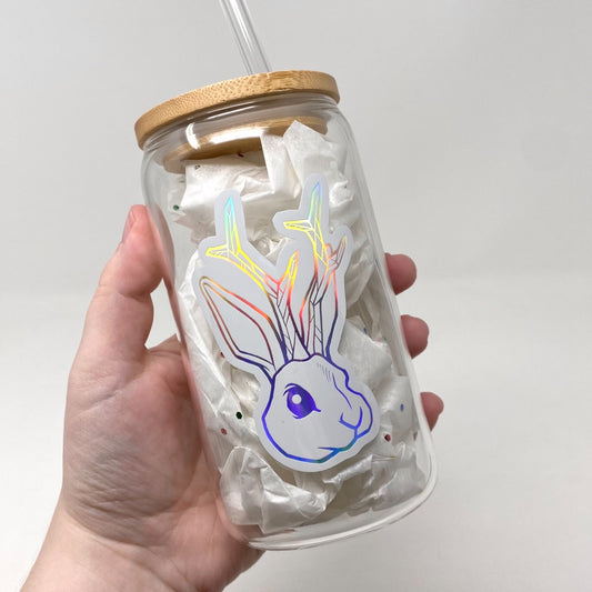 White Lucid Rabbit Jackalope Logo Drinking Glass 16oz with Lid & Straw