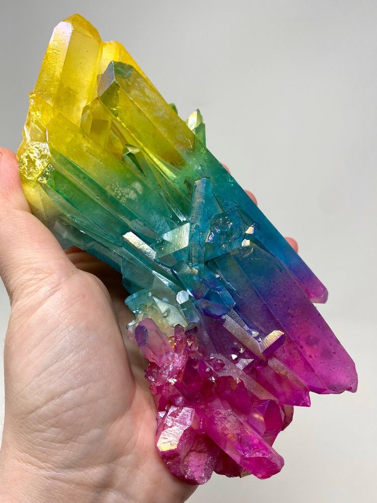 Rainbow Pink Blue Yellow Aura Quartz Crystal Cluster