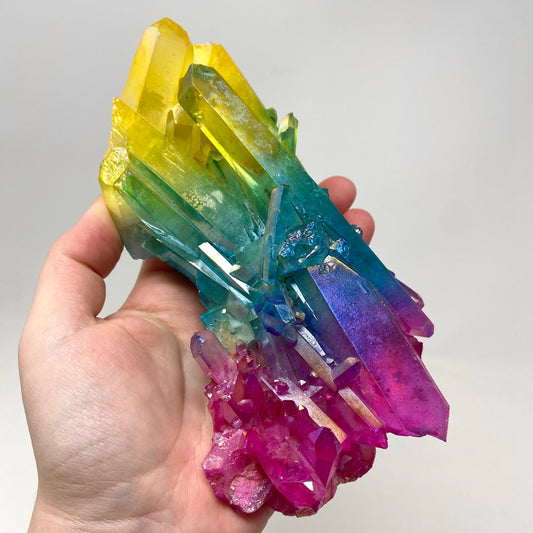 Rainbow Pink Blue Yellow Aura Quartz Crystal Cluster