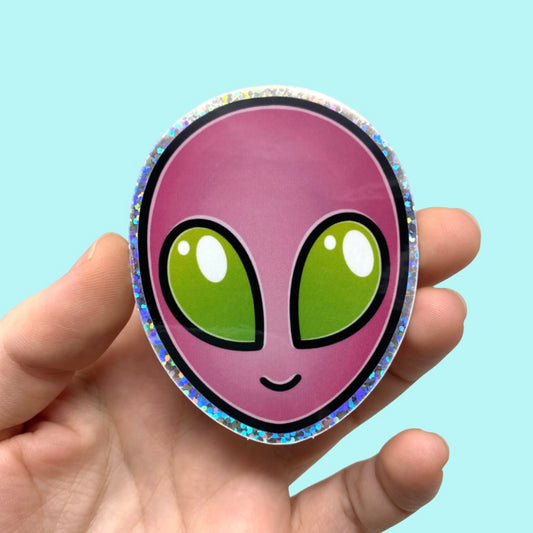 Pink Alien Holographic Glitter Vinyl Sticker