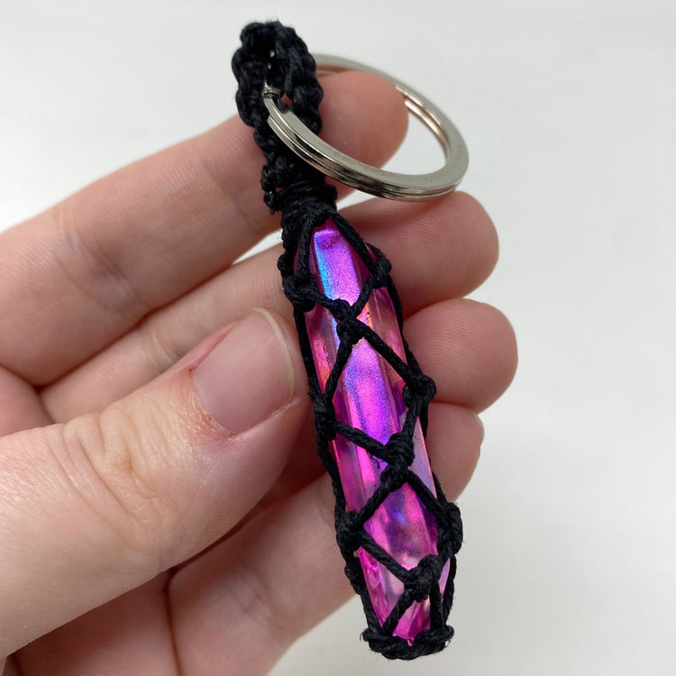 Fuschia Pink Aura Quartz Point Hand-Wrapped Hemp Crystal Keychain