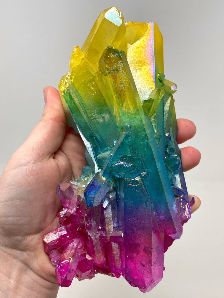 Rainbow Pink Blue Yellow Aura Quartz Crystal Cluster