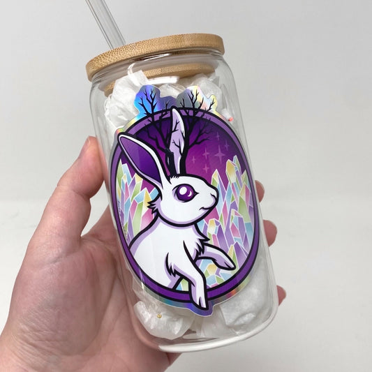 Crystal Seeker Jackalope Drinking Glass 16oz with Lid & Straw