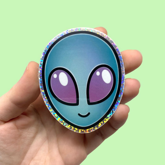 Blue Alien Holographic Glitter Vinyl Sticker