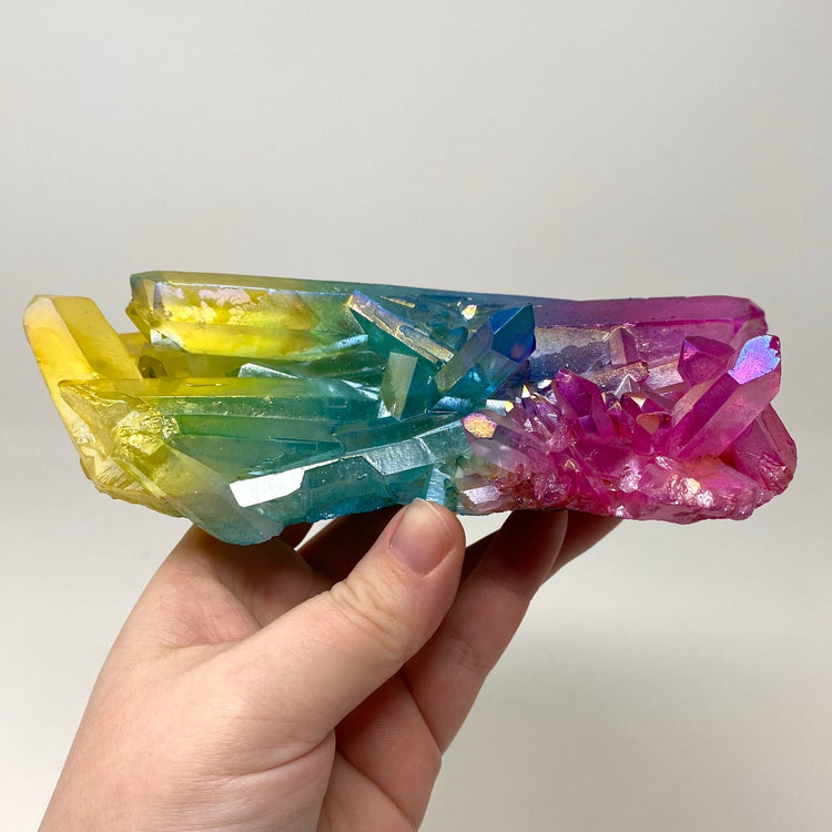 Rainbow Pink Blue Yellow Aura Quartz Crystal Cluster