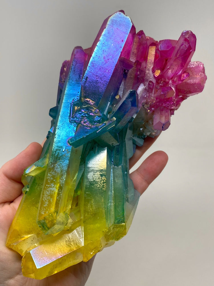 Rainbow Pink Blue Yellow Aura Quartz Crystal Cluster