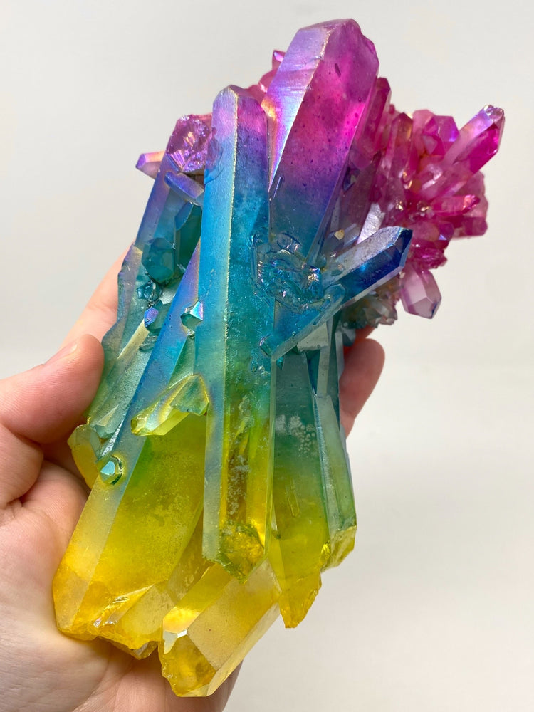 Rainbow Pink Blue Yellow Aura Quartz Crystal Cluster