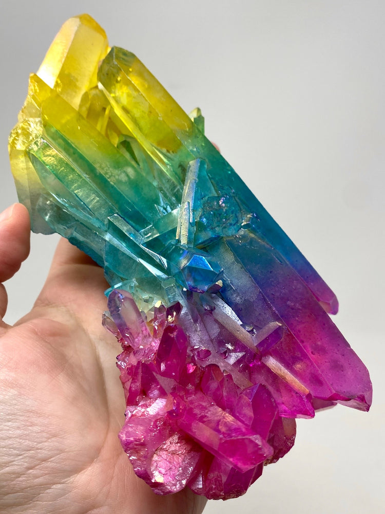 Rainbow Pink Blue Yellow Aura Quartz Crystal Cluster