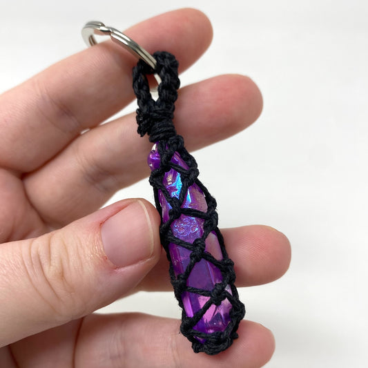 Purple Aura Quartz Point Hand-Wrapped Hemp Crystal Keychain