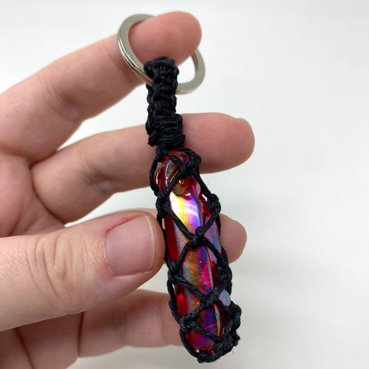 Red Aura Quartz Point Hand-Wrapped Hemp Crystal Keychain