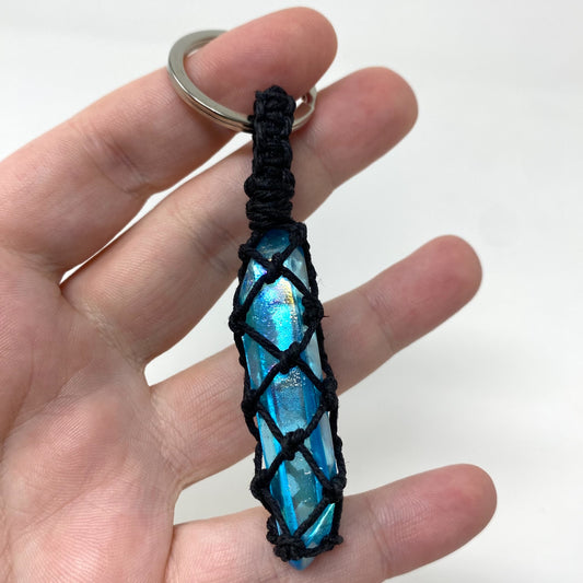 Aqua Blue Aura Quartz Point Hand-Wrapped Hemp Crystal Keychain