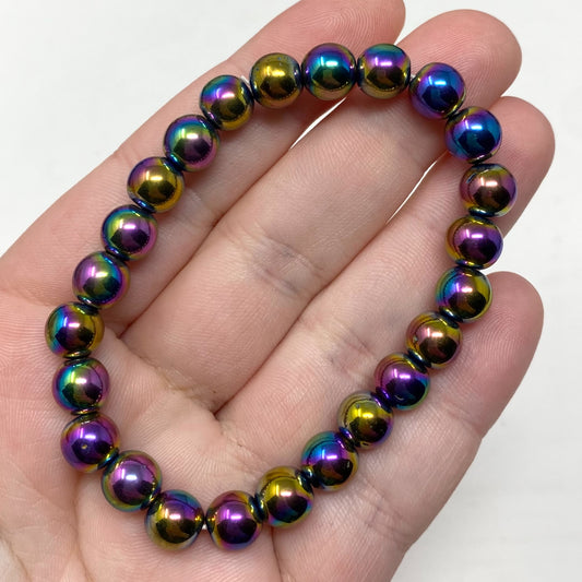 Rainbow Titanium Aura Hematite Crystal Gemstone Bracelet 8mm Beads