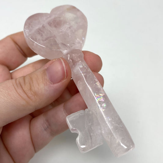 Rose Quartz Crystal Heart Skeleton Key Carving