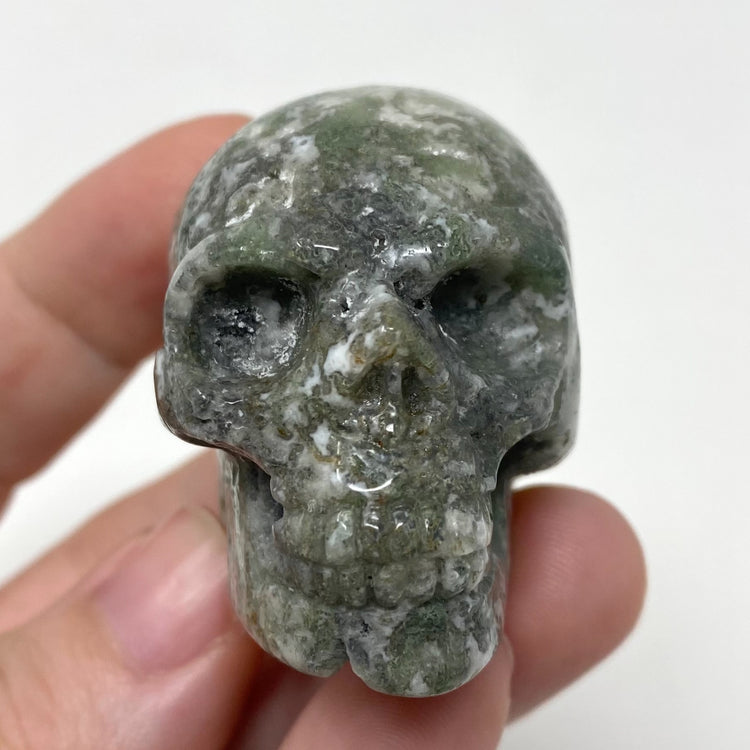 Moss Agate Skull Carving