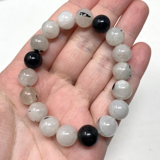 Quartz with Black Tourmaline Crystal Gemstone Bracelet 10mm Beads