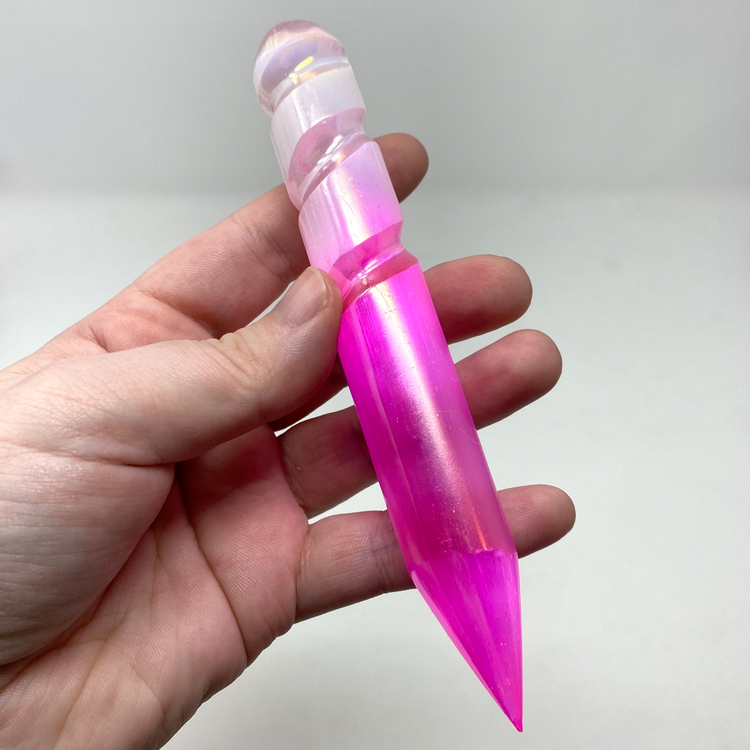 Pink Aura Satin Spar Selenite Crystal Wand