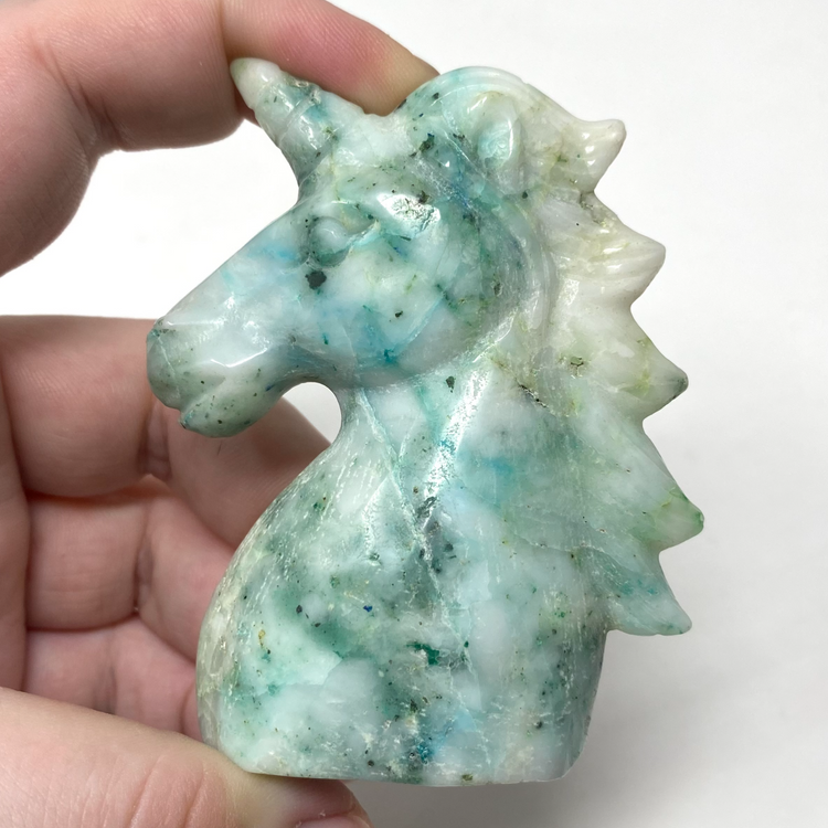 Chrysocolla in Quartz Unicorn Bust Carving