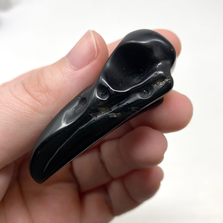 Silver Sheen Black Obsidian Bird Skull Carving