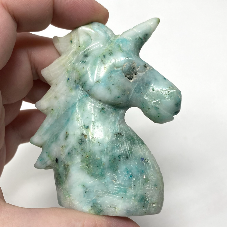 Chrysocolla in Quartz Unicorn Bust Carving