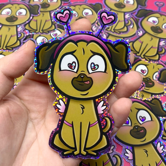 Puggy Valentine Dog Holographic Glitter Vinyl Sticker