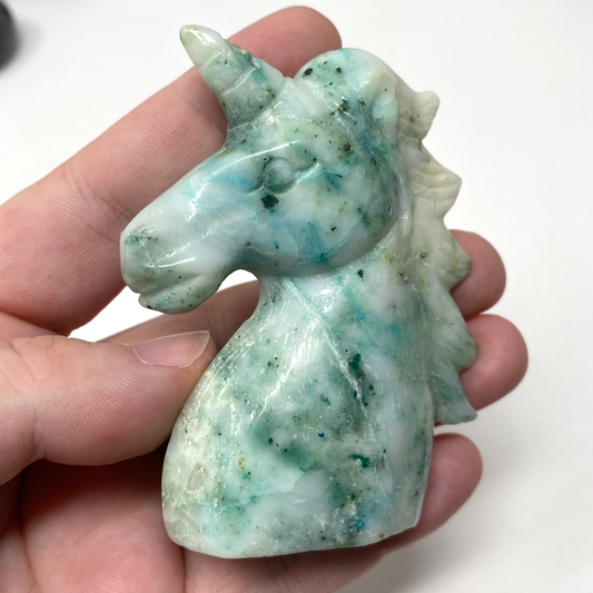 Chrysocolla in Quartz Unicorn Bust Carving