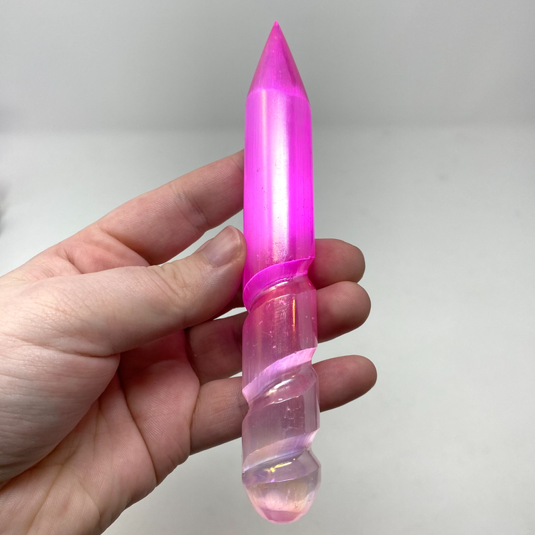 Pink Aura Satin Spar Selenite Crystal Wand